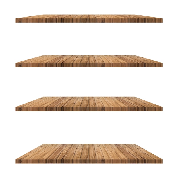 4 oude houten planken tafel geïsoleerd op een witte achtergrond en display montage voor product