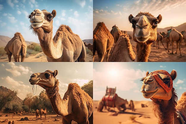 4 photos of camels in one