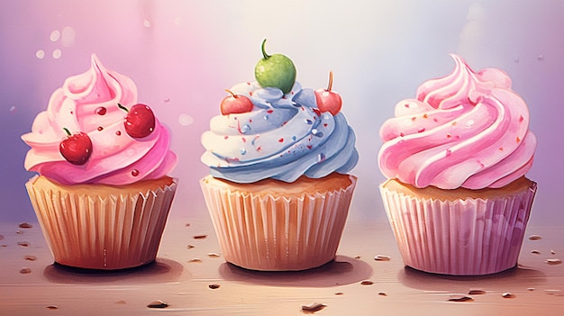 4 picture cup cake watercolor simple hand paintedGenerative AI