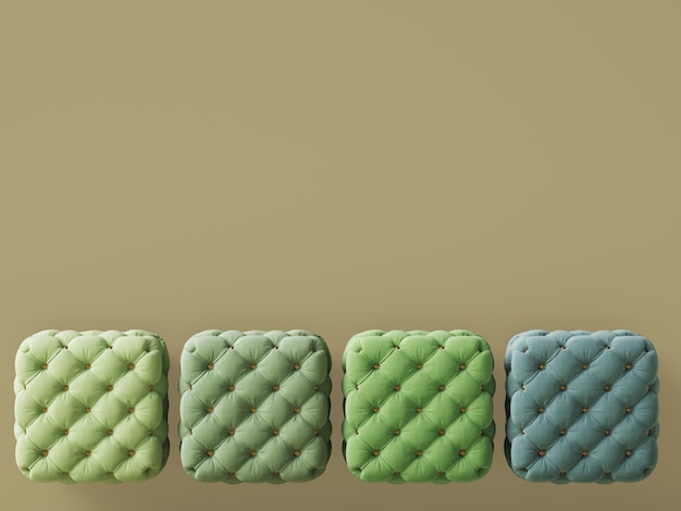 4 poufs in different geen colors with copy space. 3d rendering