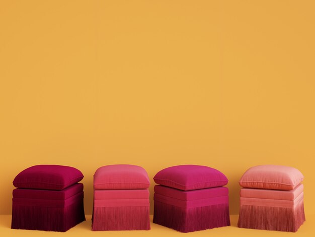 4 pouf in diversi colori rosa nella stanza gialla con spazio di copia. rendering 3d