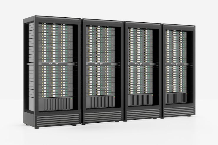 Photo 4 server racks container isolated on white background. 3d illustration rendering.