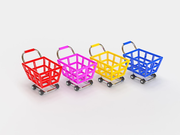 4 shopping carts standing in the backdrop, blue, red, yellow and pink, top view