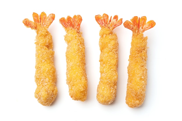 Photo 4 shrimp tempura isolated on a white background. deep-fried prawns with crispy flour and breadcrumbs.