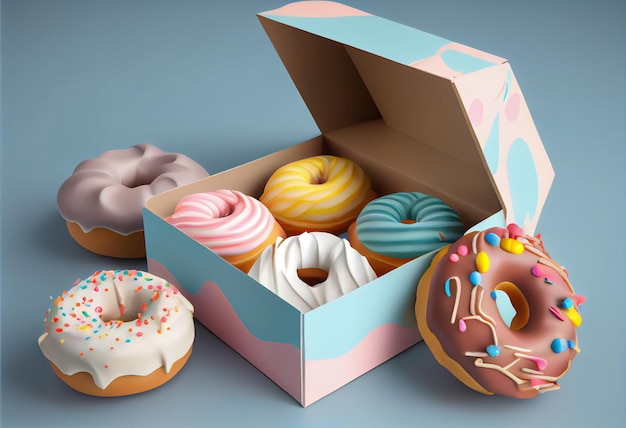 4 stukjes donuts in een doos 3d beeldlicht kleuren Generatieve AI