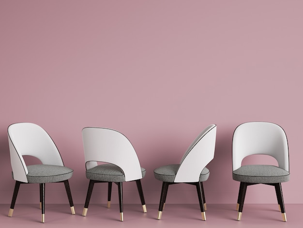 4 sedie bianche nella stanza rosa con lo spazio della copia. rendering 3d
