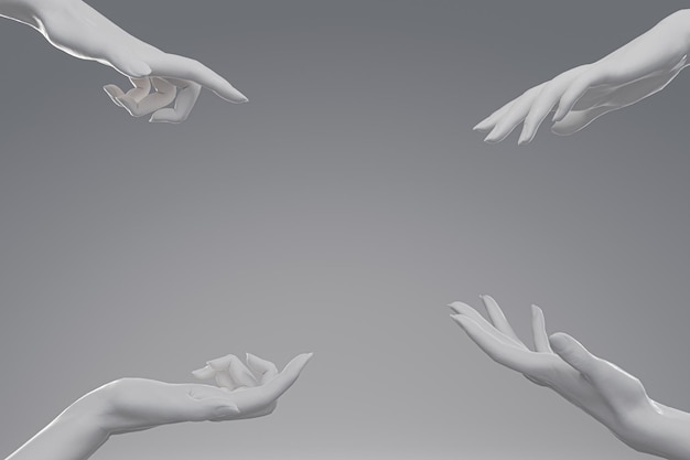 4 WHite marble hands with different gestures pointing on blank space at white background Perfect background for your cosmetics fashion product or jewelry 3D rendering