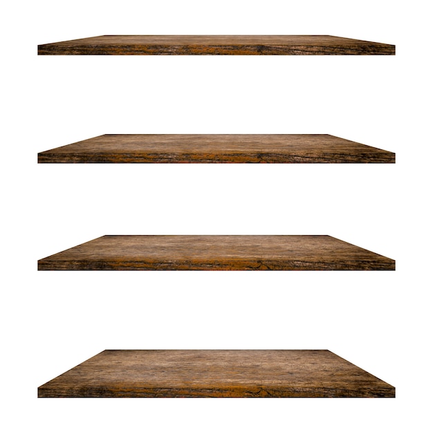 4 Wood shelves table isolated on white background and display montage for product.