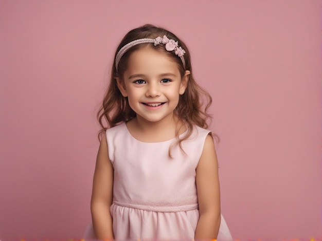 4 year old small girl in light pink attire against a pastel background