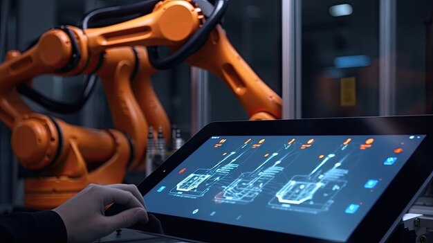 Foto 40 industrie concept man handholding tablet met augmented reality scherm software en blauwe toon van automatiseren draadloze robot arm in slimme fabriek achtergrond ai generatieve