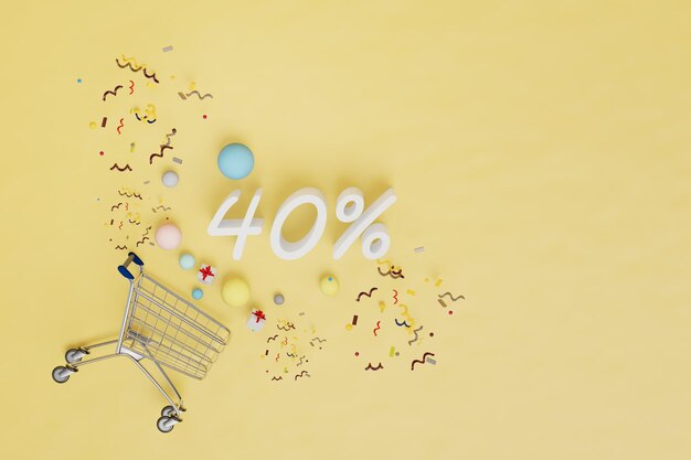 Скидка 40% на все товары для праздничной тележки с коробками и шарами 3d визуализации