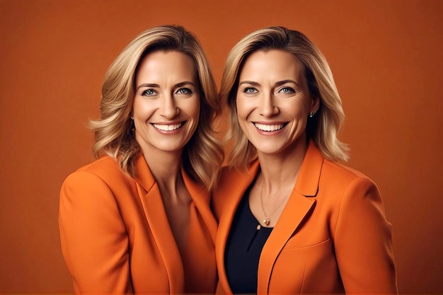 40 year business Women who is smiling and laughingorange bright clothes and solid color background