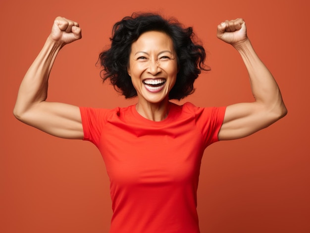 40 year old asian woman in emotional dynamic pose on solid background