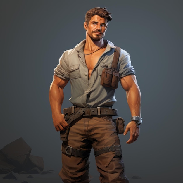 a 40-year-old male adventurer with a confident smile, dressed in hot and trendy clothing, including short shorts. he has brunette hair and exudes a tomb raider style. the photo features a full-length