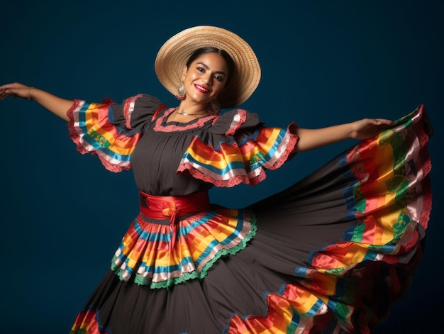 40 year old mexican woman in emotional dynamic pose on solid background