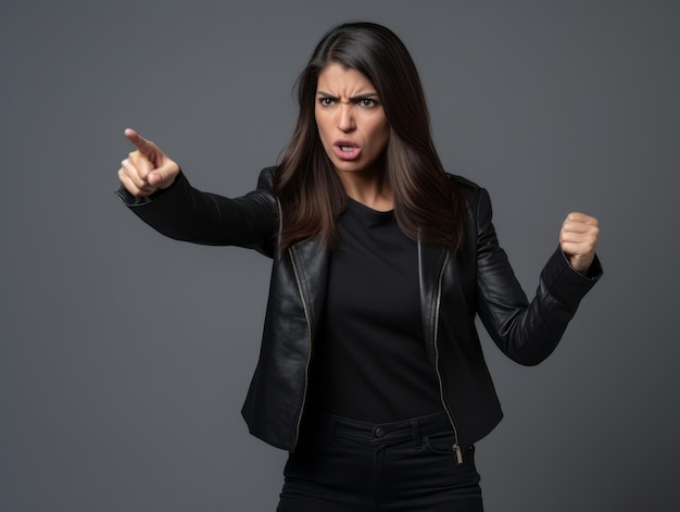 40 year old mexican woman in emotional dynamic pose on solid background