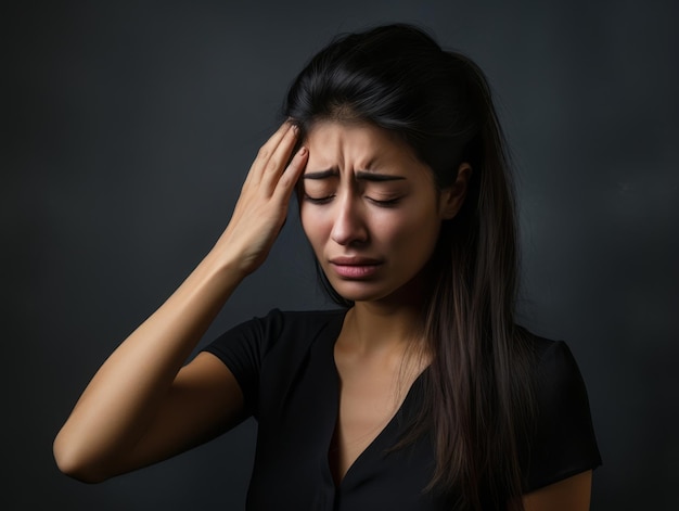 40 year old mexican woman in emotional dynamic pose on solid background