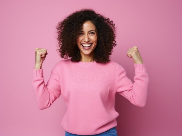 40 year old mexican woman in emotional dynamic pose on solid background