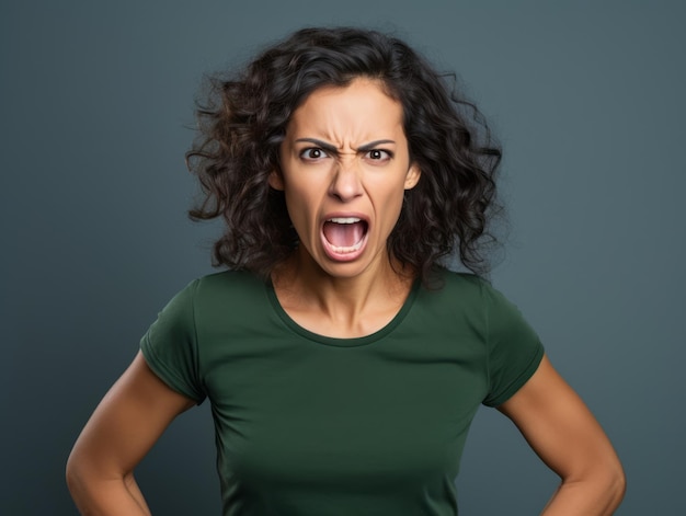 40 year old mexican woman in emotional dynamic pose on solid background