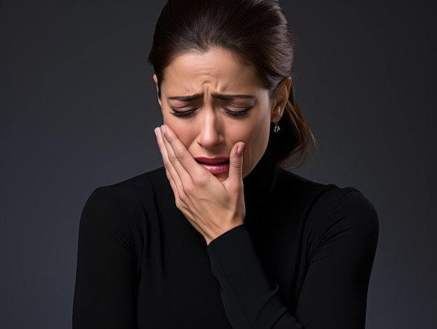 40 year old mexican woman in emotional dynamic pose on solid background