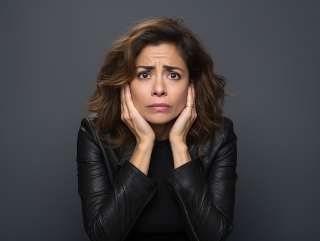 40 year old mexican woman in emotional dynamic pose on solid background