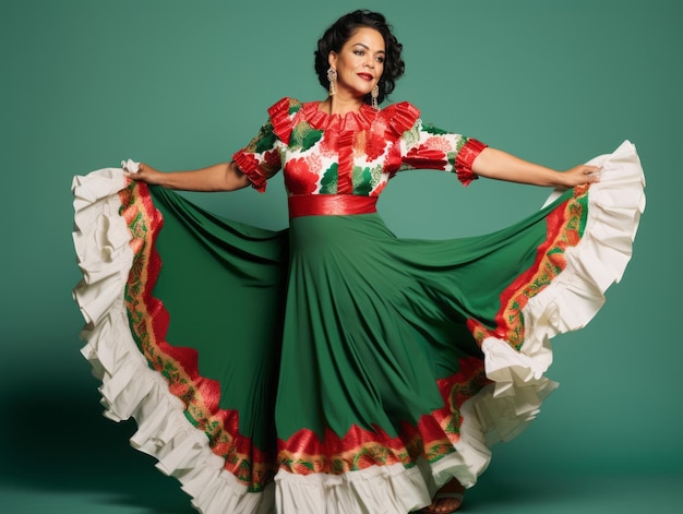 40 year old mexican woman in emotional dynamic pose on solid background