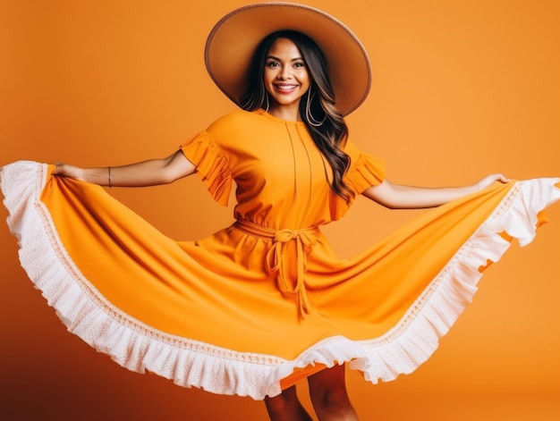 40 year old mexican woman in playful pose on solid background