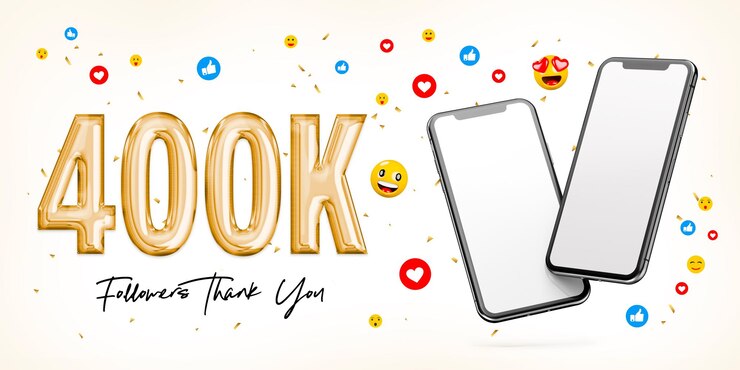 Photo 400k followers celebration with two blank white screen smartphones3d rendering