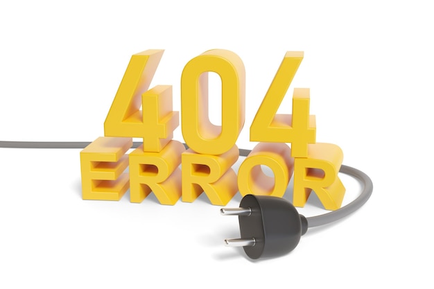 Photo 404 error text in three dimensions next to a plug isolated on a white background. 3d illustration.