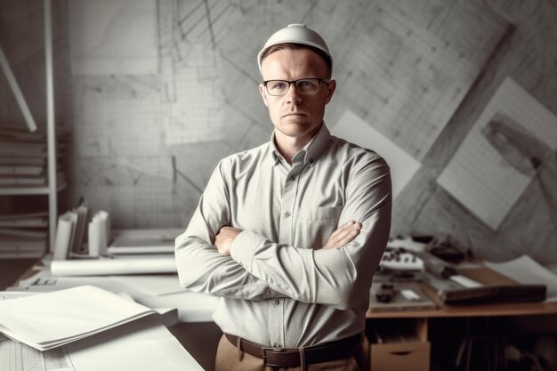 Foto 40s mannelijke architect die zich in creatief modern bureau bevindt generatieve ai aig20