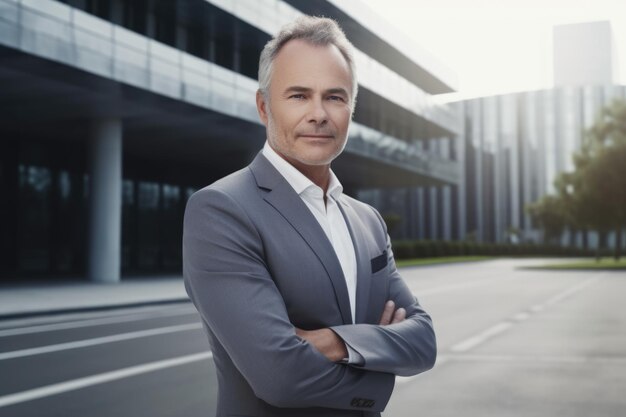 40s mature male executive smiling face standing in blur background of modern office building Generative AI AIG20