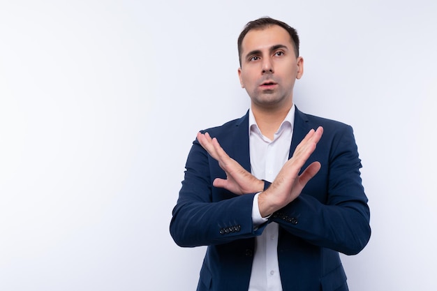 A 40yearold brunette business man dressed in a blue jacket has doubts