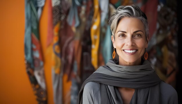 40yearold woman yoga master in a stylish scarf smiling against a background of multicolored fabrics