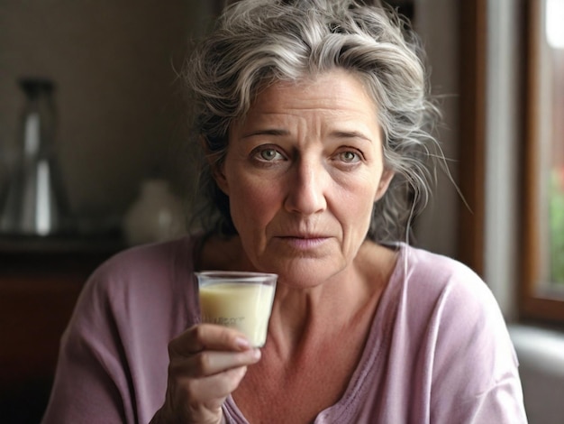 Foto 45 jaar oude vrouw thuis lijdt aan een ziekte eet meadicen hyper foto