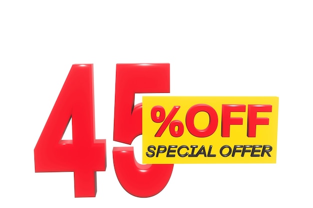 45 percent off 3D illustration in red with white background with special offer sign and copy space