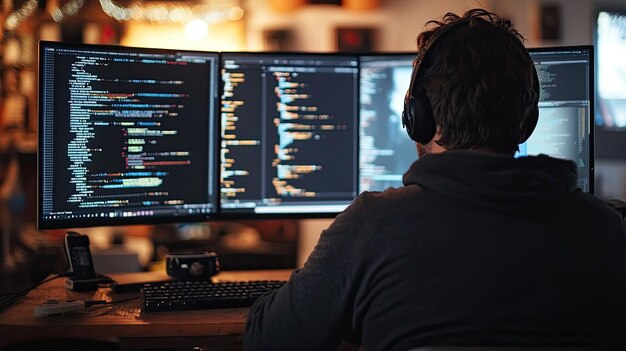 46 programmer integrating api with website on a dual monitor setup efficient web development process advanced coding