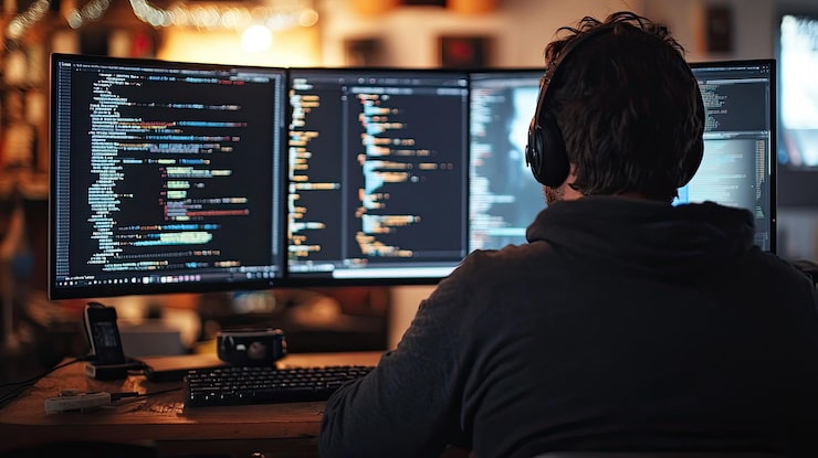 Photo 46 programmer integrating api with website on a dual monitor setup efficient web development process advanced coding