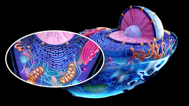 4K abstracte illustratie van de biologische cel en de mitochondriën
