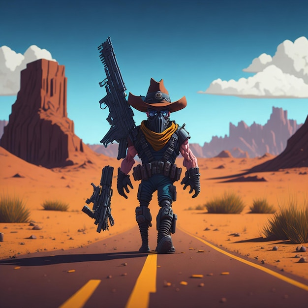 A 4k cartoon character stands in the middle of a desolate road their gun held aloft in a menacing g