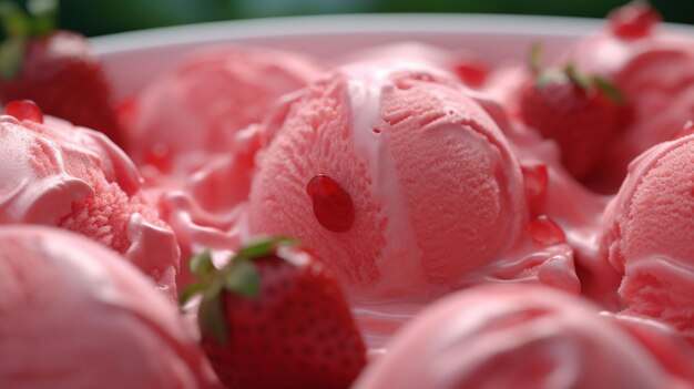 Photo 4k footage extreme closeup front view scoop out strawberry flavored ice cream