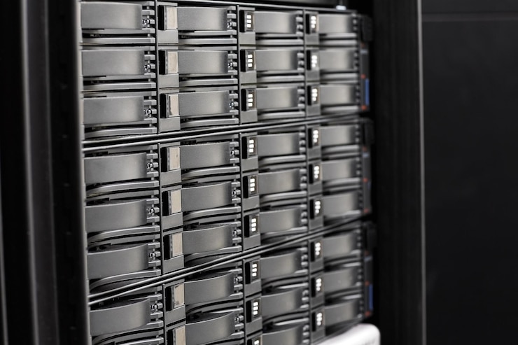 Photo 4k image of it engineer working with servers and storage in a data center san enclosure
