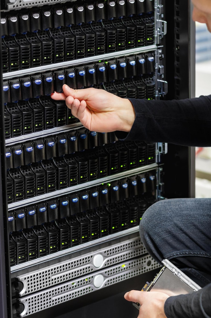 Photo 4k image of it engineer working with servers and storage in a data center san enclosure