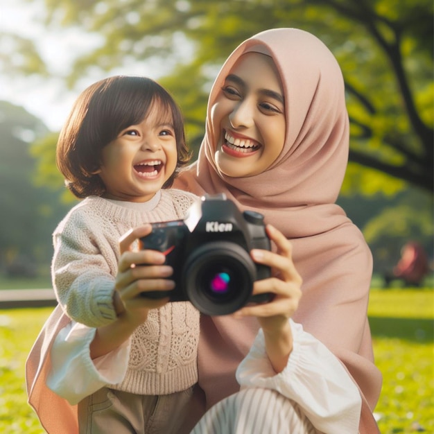 The 4K image should feature an Asian mother adorned in a modest hijab