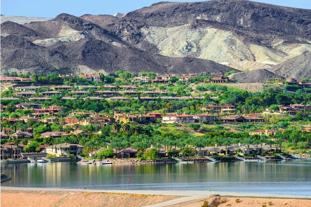 4K Scenic View of Lake Las Vegas with Bridge Near Las Vegas