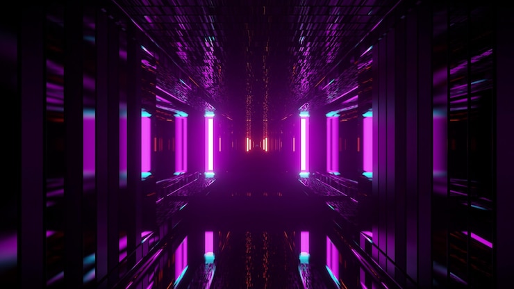 4K UHD 3D-illustratie van neonlampen die de geometrische tunnel verlichten met helder paars licht