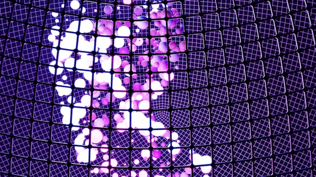 Photo 4k uhd 3d illustration of many purple globes glowing with neon light inside abstract net ball