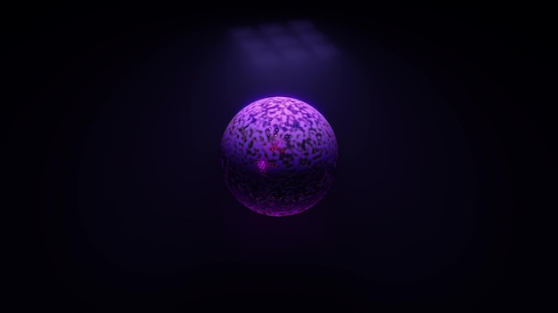 4K UHD 3D illustration of sci fi purple sphere with abstract ornament levitating in darkness