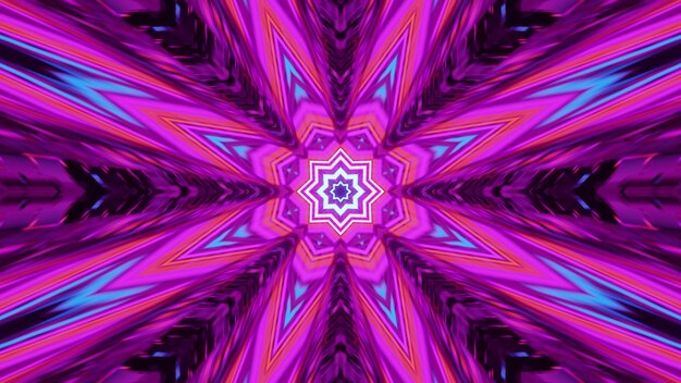 4K UHD 3D illustration of symmetric abstract tunnel with striped psychedelic ornament glowing with vivid neon light