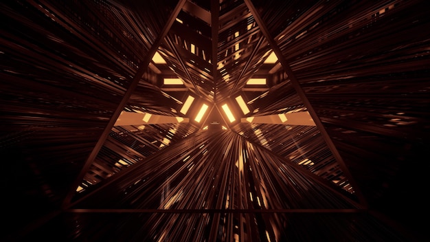 4k UHD 3d illustration with glass dark tunnel in shape of triangle reflecting neon light in sepia