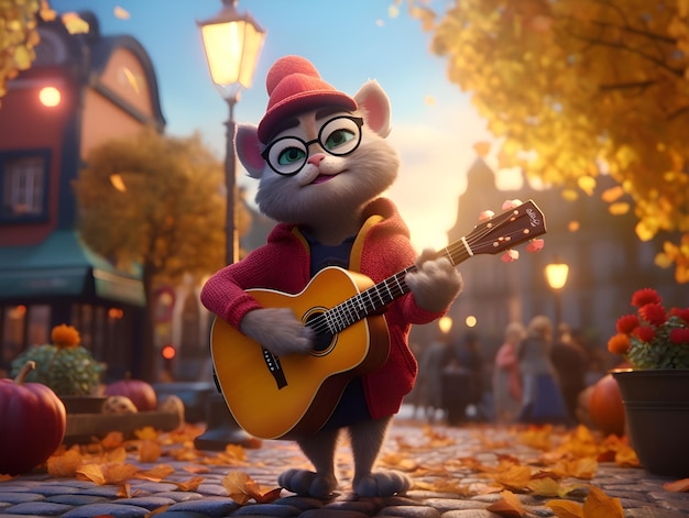 4K ultra HD wallpaper of hipster cat wearing beanie hat playing guitar